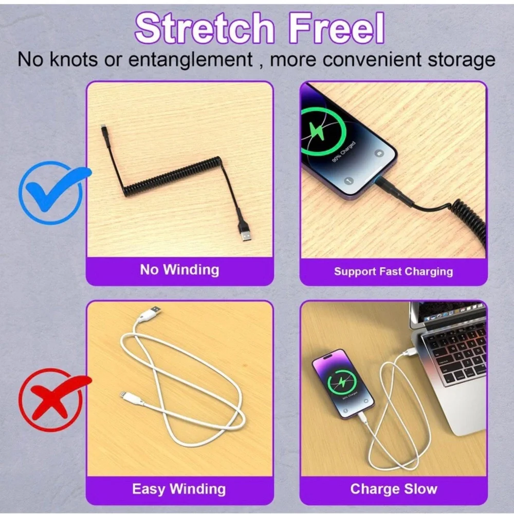 USB Data Synch & Charging Cable (Retractable, Coil USB A to Lightning Cable)